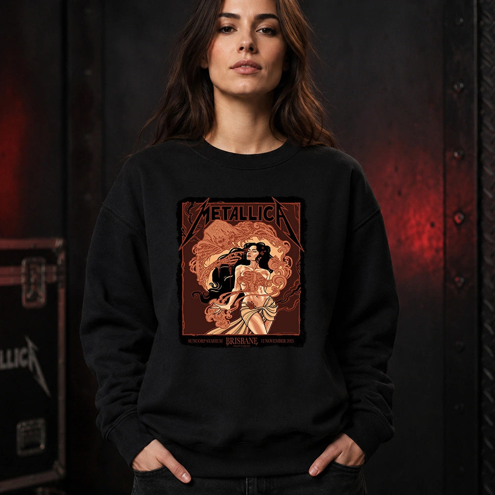 Metallica M72 World Tour November 12 2025 Suncorp Stadium Brisbane Australia T-shirt by Teniele Sadd featuring a gothic female figure, skeletal hand, ribcage detail, skull-like creature, ornate smoke forms and Brisbane event text.